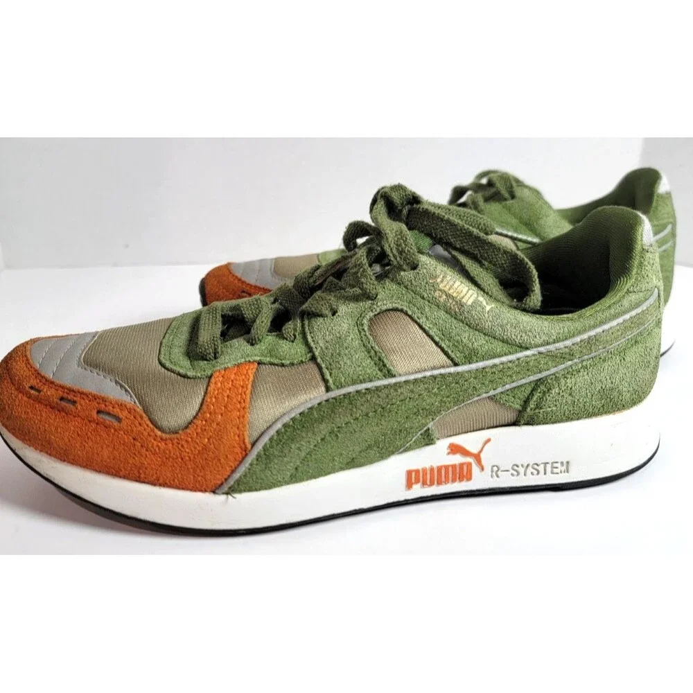 Puma R-System Sneakers‎ US 6 Womens Green Orange Suede Nylon Low Top Shoes
